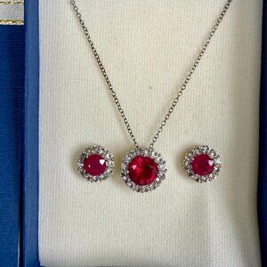 MAHALEO RUBY W /ROUND WHITE TOPAZ SS PENDANT WITH CHAIN AND EARRINGS SET